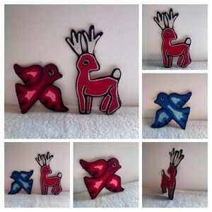 Vintage Yarn Ornaments 1950's Huichol Mexican Folk Art Set of Deer & Dove